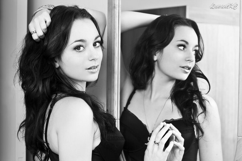Woman in Black Lingerie — Dramatic, Photograph, Mirror, Hand
