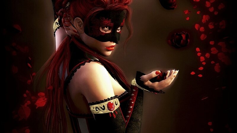 Woman in Black Mask — Dramatic, 3d Render, Red Hair