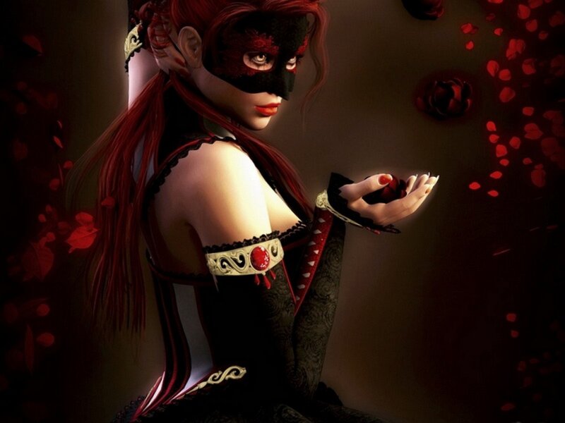 Woman in Black Mask — Dramatic, Digital Art, Red Hair