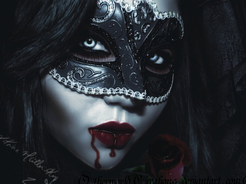 Woman in Black Mask — Dramatic, Night, Digital Art, Rose
