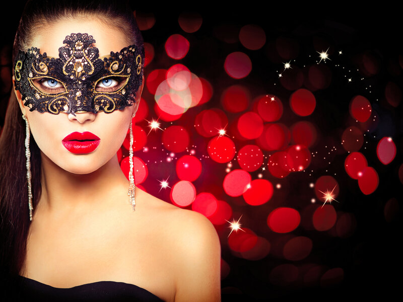 Woman in Black Mask — Dramatic, Night, Photograph, Red Lipstick