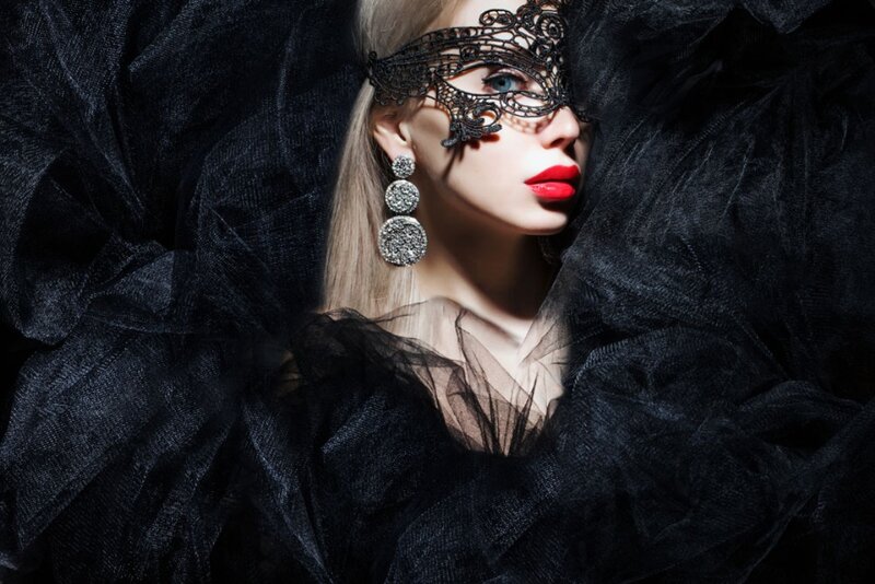 Woman in Black Mask — Dramatic, Photograph, Red Lipstick, Earrings