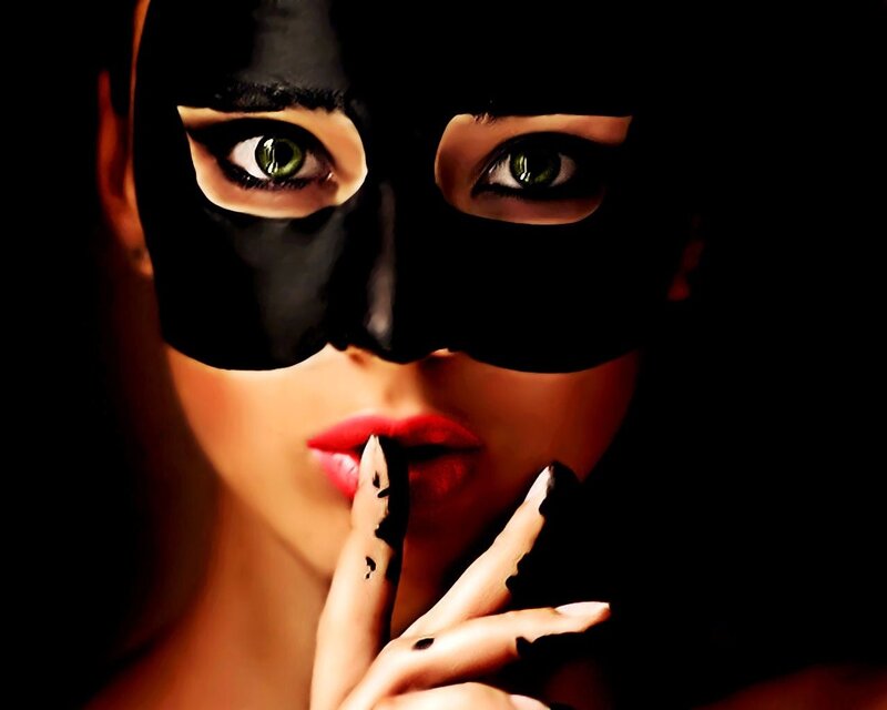 woman in black mask with red lips