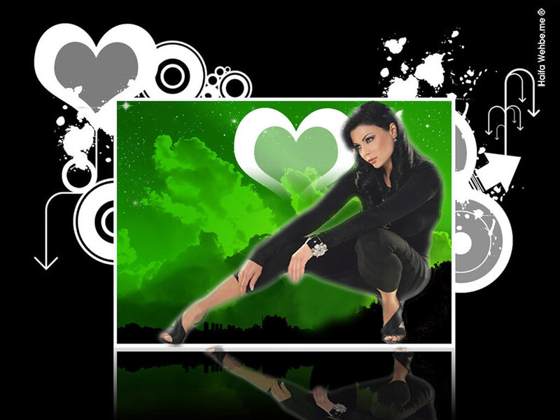 woman in black on green background