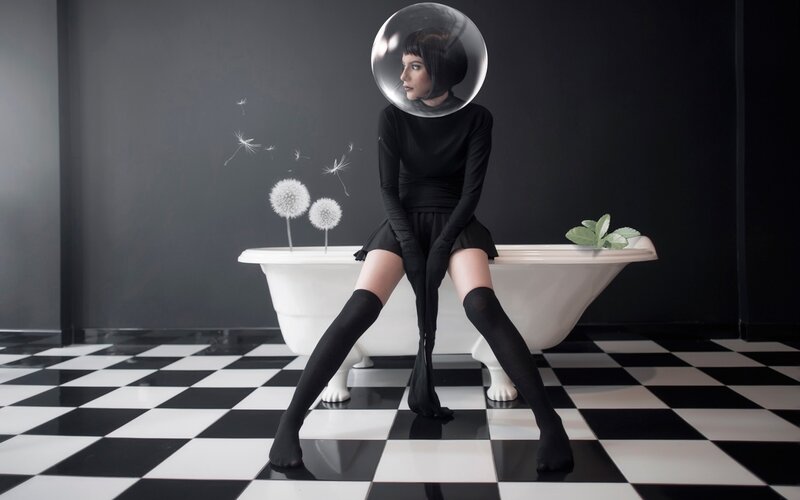 Woman in Black Outfit — Dramatic, Photograph, Dandelions