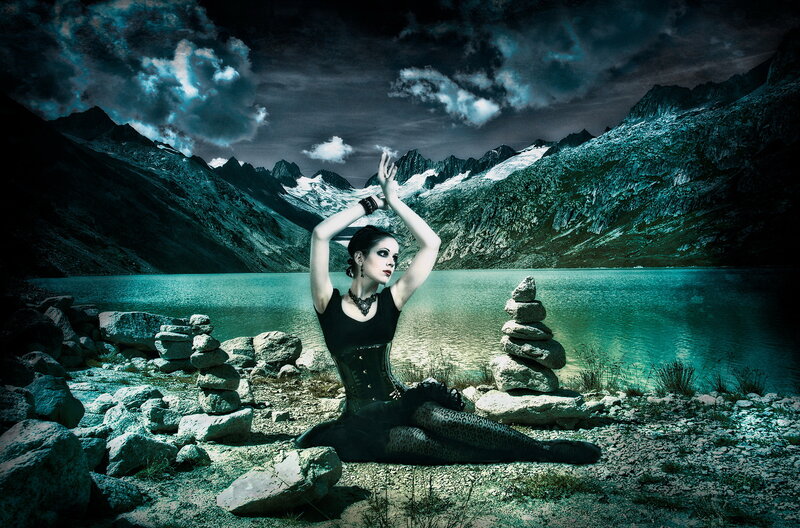 Woman in Black Outfit — Teal, Dramatic