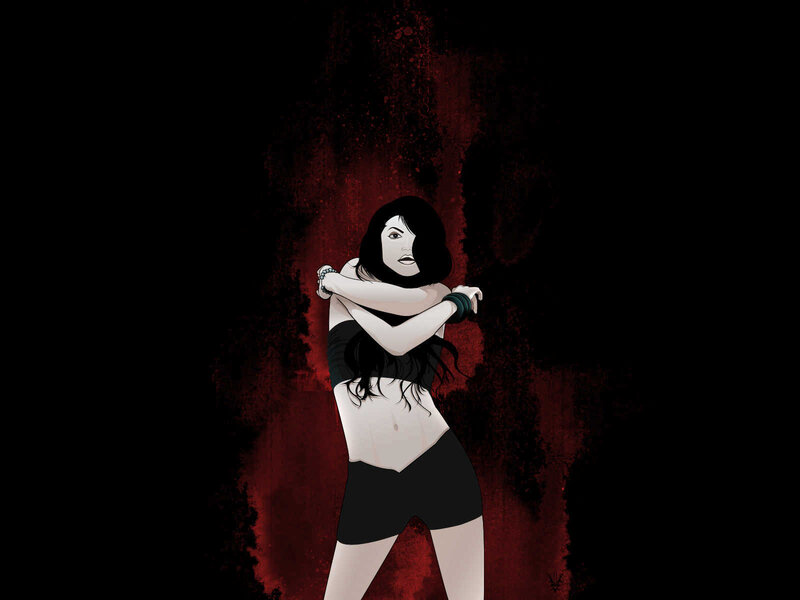 woman in black outfit with red background