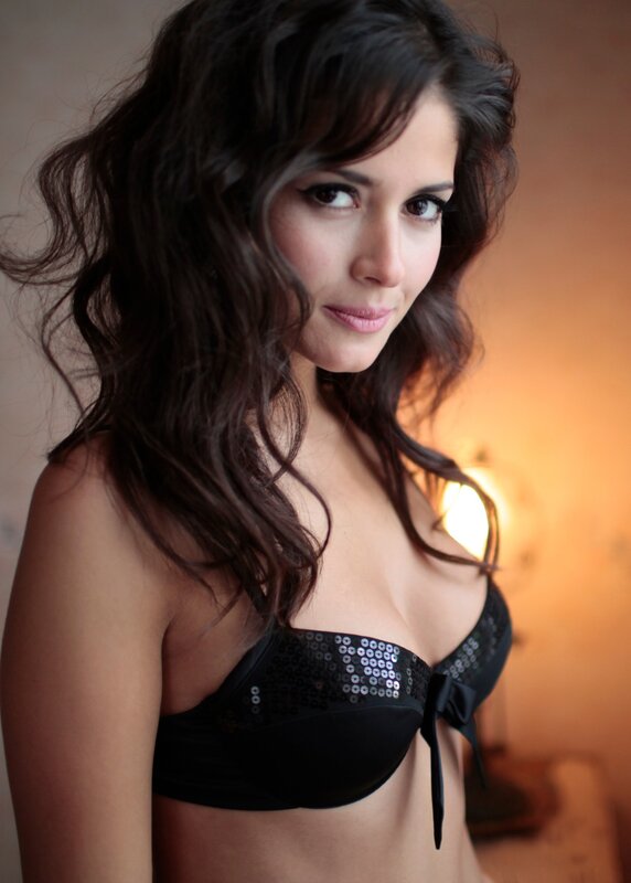 woman in black sequin bra