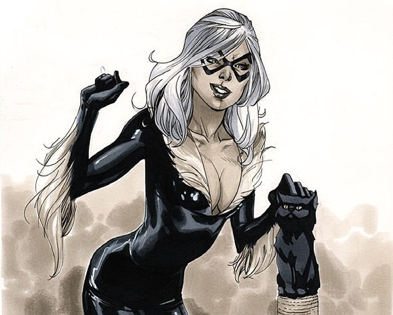 Woman in Black Suit — Confident, Comic