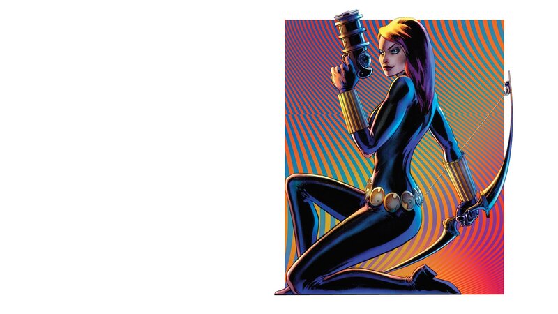 Woman in Black Suit — Dramatic, Comic, Gun, Bow