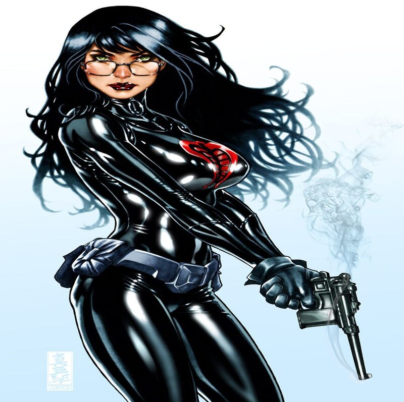 Woman in Black Suit — Dramatic, Comic, Gun