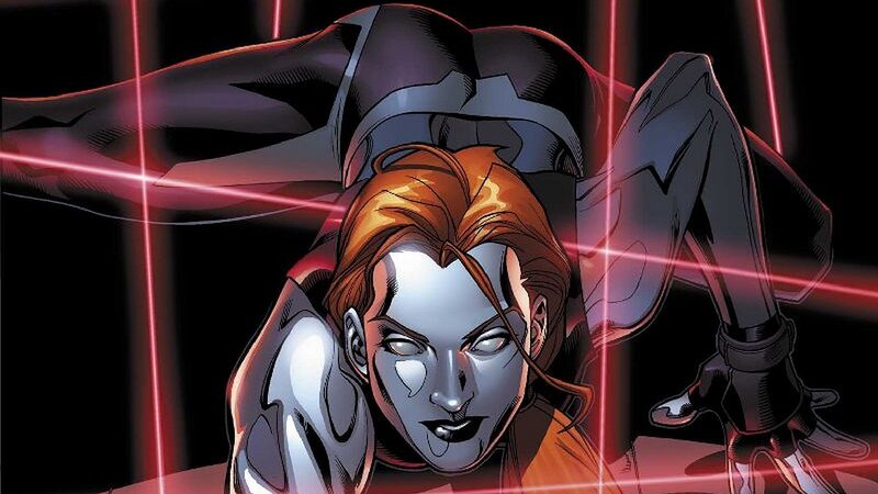 Woman in Black Suit — Dramatic, Night, Comic, Red Laser Beams