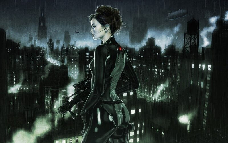 Woman in Black Suit — Dramatic, Night, Digital Art, Gun, Cityscape, Rain