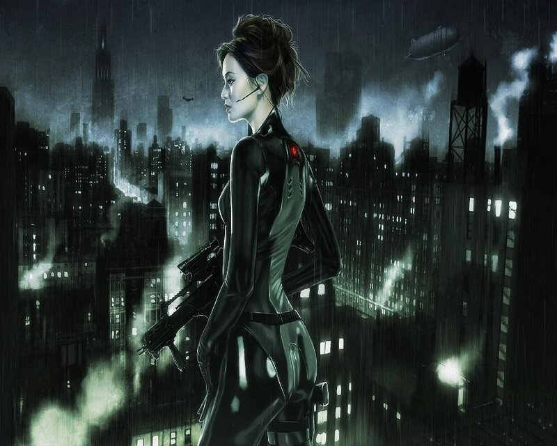 Woman in Black Suit — Dramatic, Night, Digital Art, Gun, Cityscape