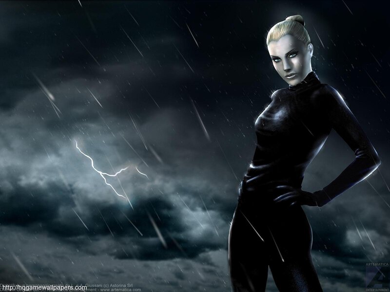 Woman in Black Suit — Dramatic, Night, Digital Art, Rain