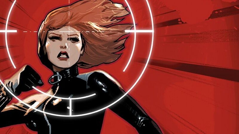 Woman in Black Suit — Red, Dramatic, Comic, Target Reticle