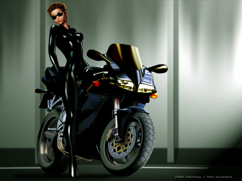 woman in black suit with motorcycle