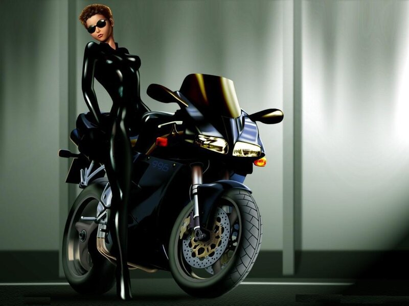 woman in black suit with motorcycle
