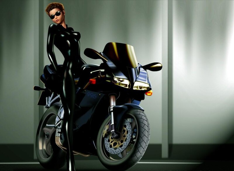 woman in black suit with motorcycle