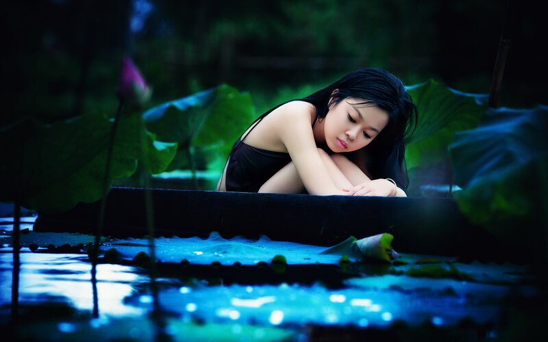Woman in Black Swimsuit — Blue, Serene, Night