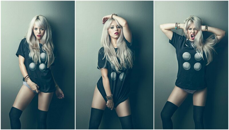 woman in black t-shirt triptych
