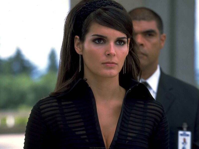 woman in black top with security guard