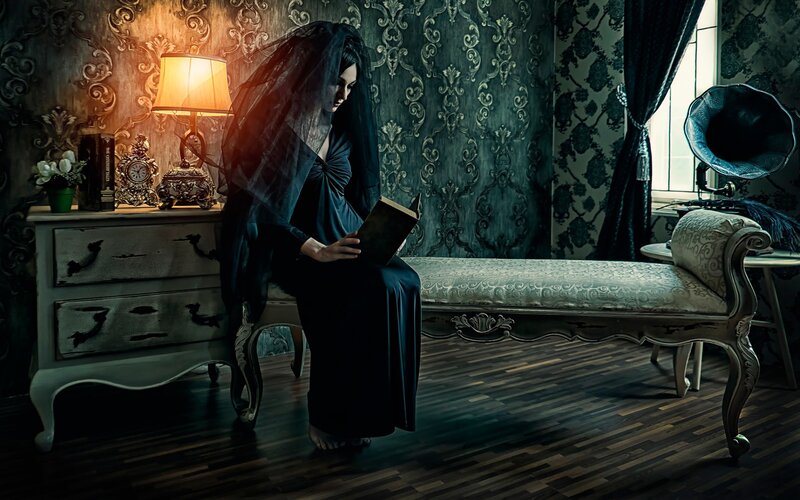 Woman in Black Veil — Dramatic, Night, Photograph