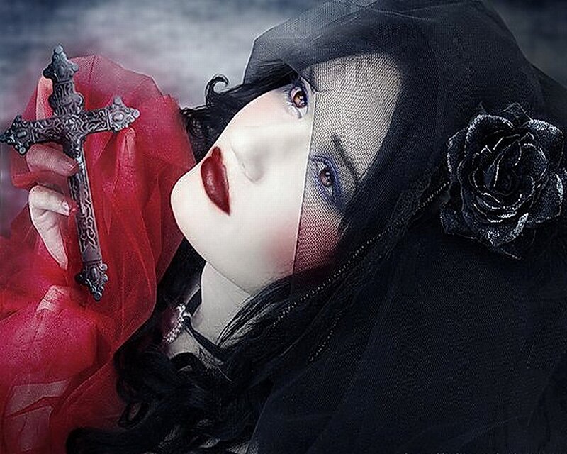 Woman in Black Veil — Dramatic, Photograph, Cross