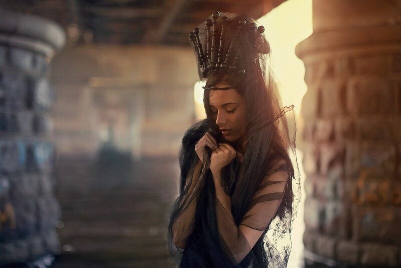 Woman in Black Veil — Dramatic, Sunset, Photograph