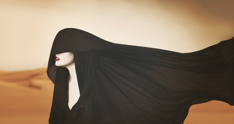 Woman in Black Veil — Dramatic, Sunset