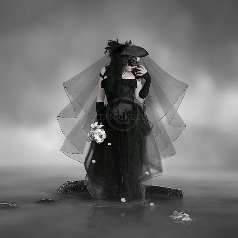 Woman in Black Wedding Dress — Dramatic, Photograph