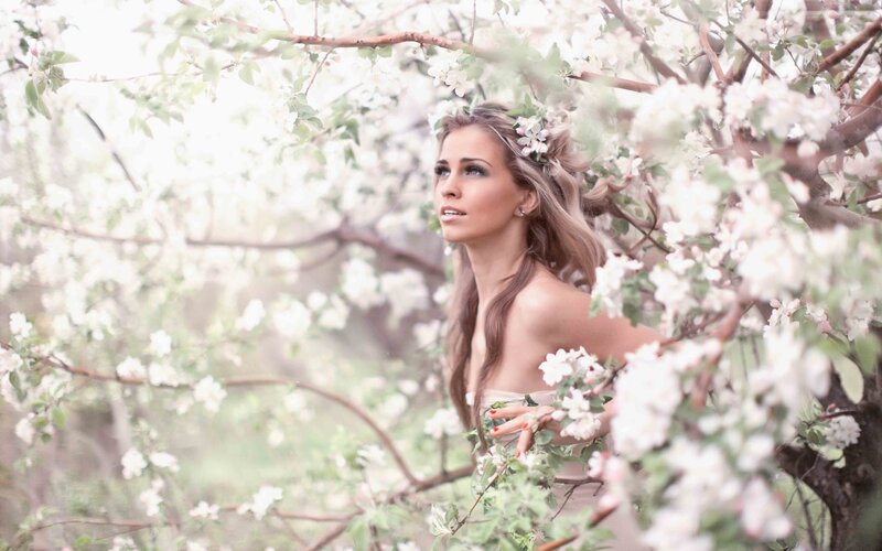 Woman in Blooming Tree — White, Serene, Spring