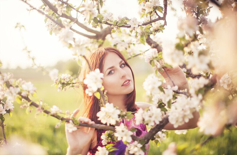 Woman in Blooming Tree — White, Serene