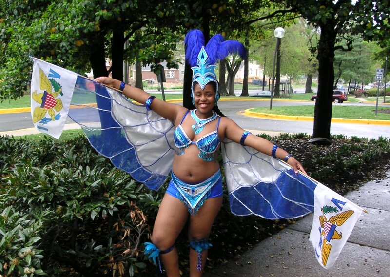 Woman in blue and silver costume