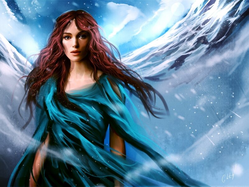 woman in blue cloak amidst storm