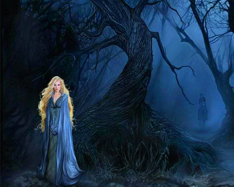 Woman in Blue Cloak — Dark, Night