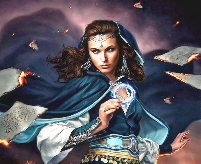 Woman in Blue Cloak — Dramatic, Night, Digital Art, Fire