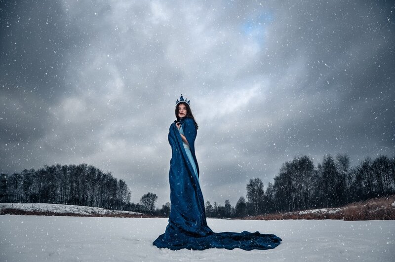 Woman in Blue Cloak — Dramatic, Winter, Photograph, Snow, Trees, Crown