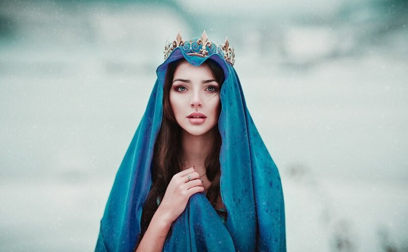 Woman in Blue Cloak — Dramatic, Winter, Photograph