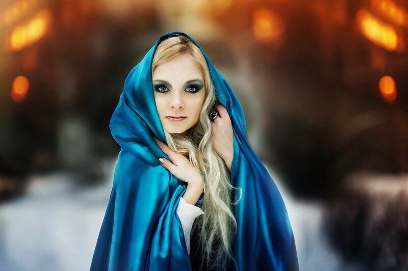 Woman in Blue Cloak — Dramatic, Winter