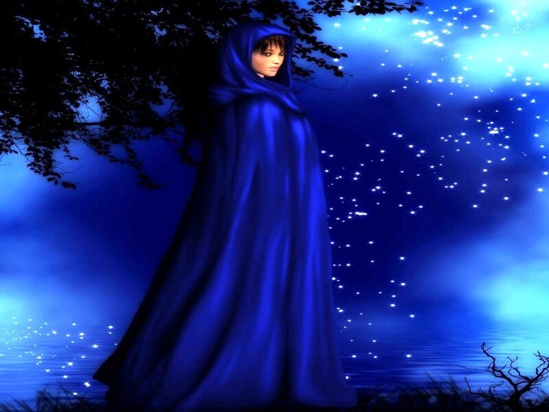 Woman in Blue Cloak — Serene, Night, Digital Art