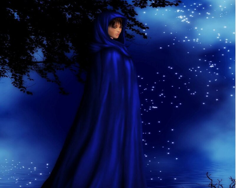 woman in blue cloak under stars