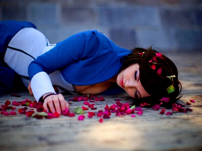 Woman in Blue Costume — Dramatic, Photograph, Rose Petals