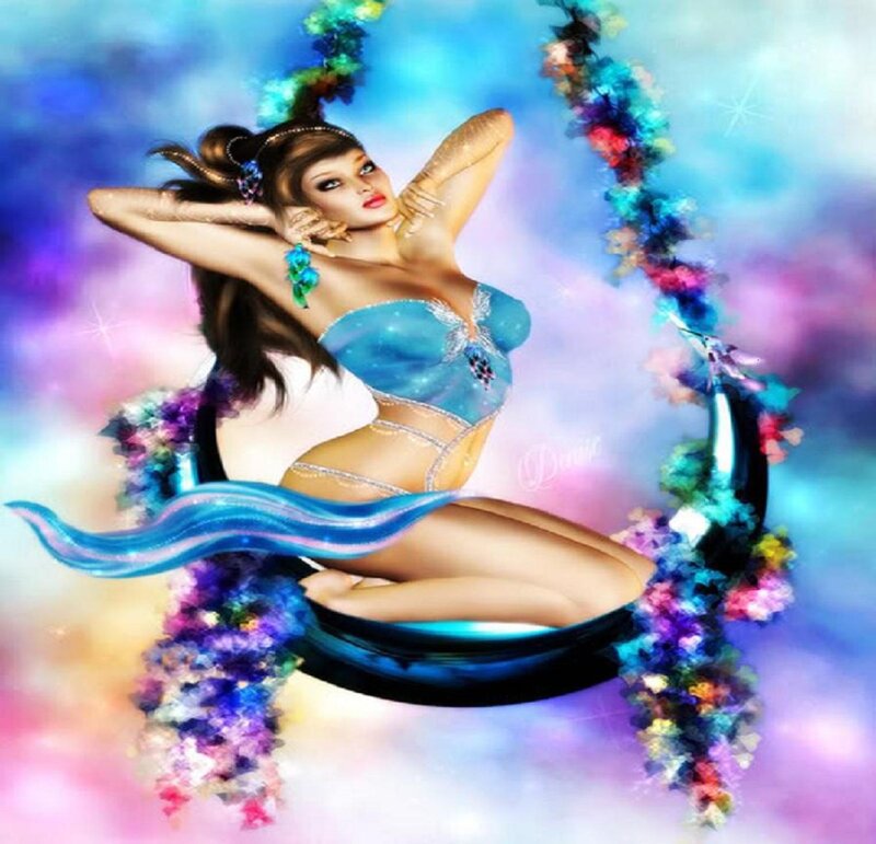 woman in blue costume on swing