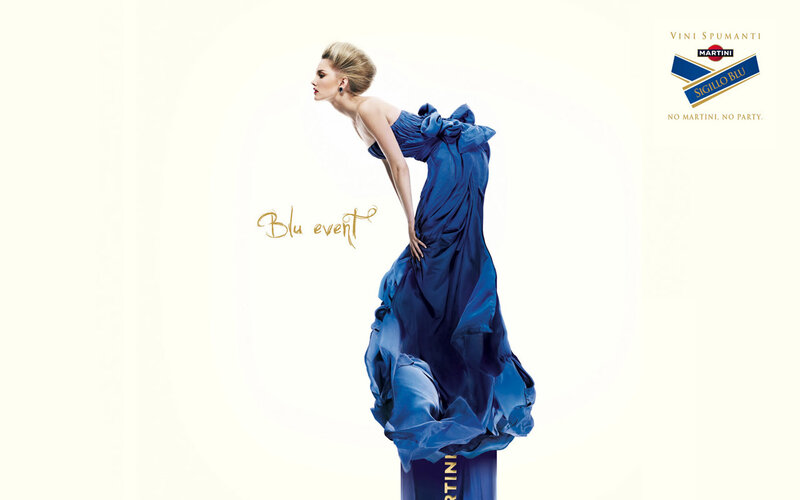 woman in blue dress ad
