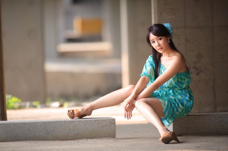 Woman in Blue Dress — Calm, Afternoon, Photograph, Flower