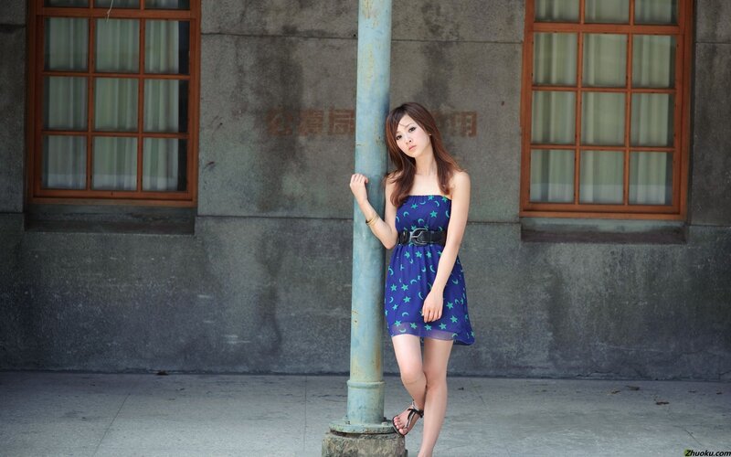 Woman in Blue Dress — Calm, Afternoon, Photograph, Pole, Building