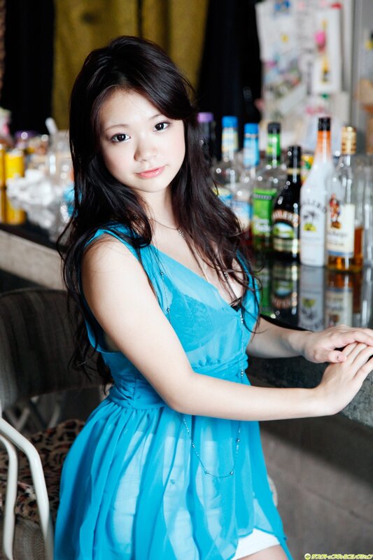 Woman in Blue Dress — Calm, Photograph, Bar Counter