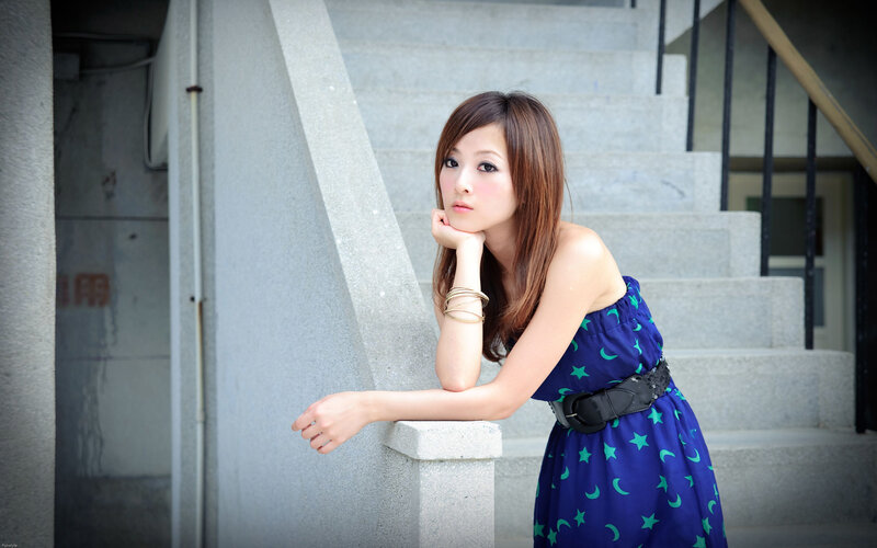 Woman in Blue Dress — Contemplative, Afternoon, Photograph, Stairs