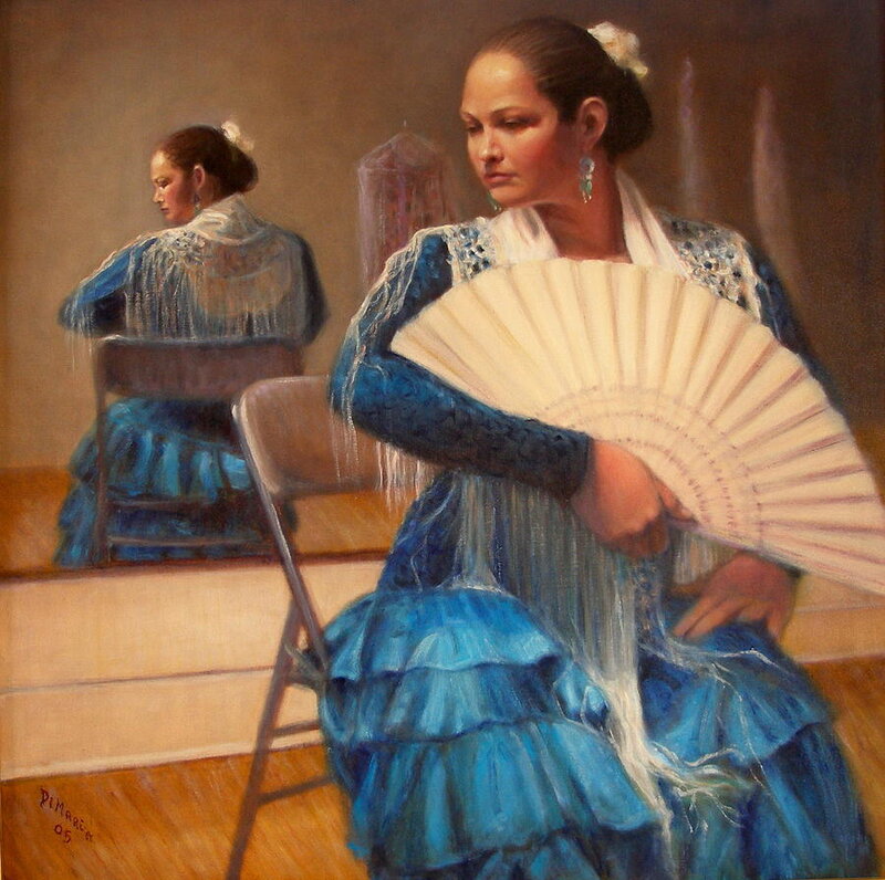 Woman in Blue Dress — Contemplative, Painting